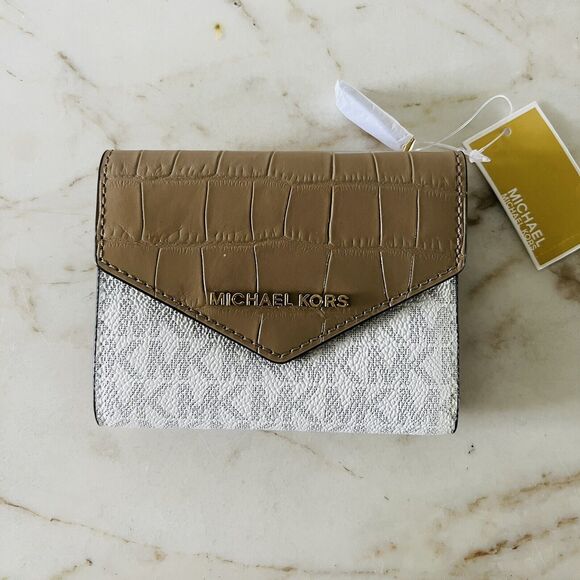 MICHAEL KORS Jet Set Truffle Logo Leather Medium Tri-Fold Card Wallet - Picture 1 of 8